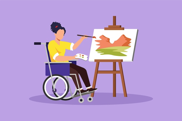 Dessin Graphique à Plat D'une Femme Handicapée En Fauteuil Roulant Peignant Un Paysage Sur Toile Physiothérapie De Réadaptation Responsabilité De La Société Du Handicap Physique Illustration Vectorielle De Style Dessin Animé