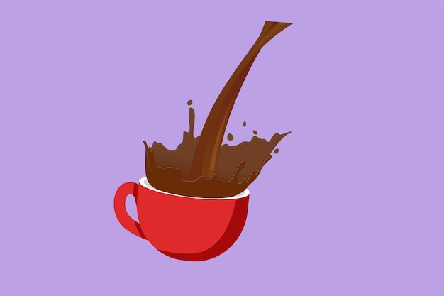 Dessin graphique plat versant une tasse de café noir créant des éclaboussures Le café se renversant hors de la tasse étiquette de l'icône du logo Versez du café dans un verre de porcelaine avec une tasse à vapeur Illustration vectorielle de style dessin animé