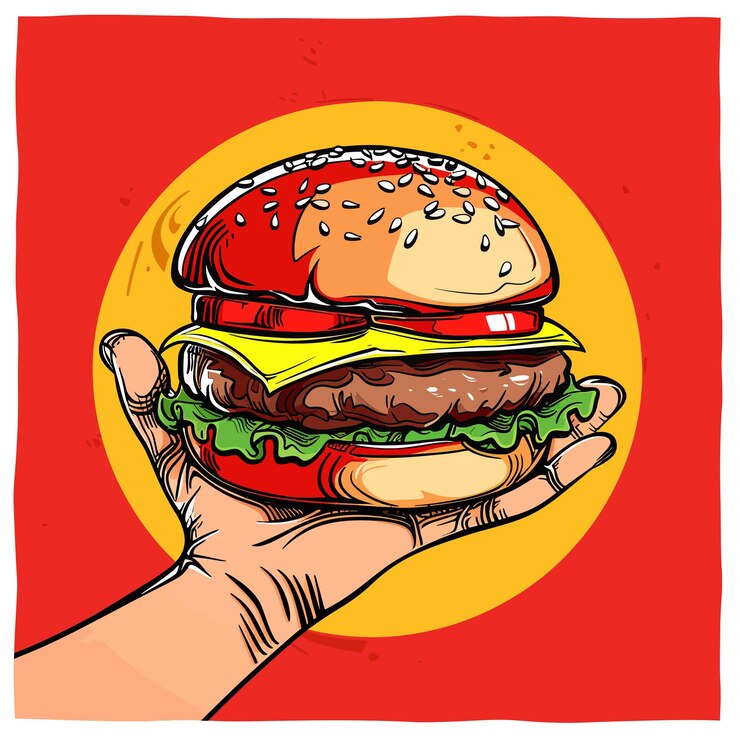 Vecteur un dessin d'un hamburger avec un fond rouge avec une main tenant un hamburger