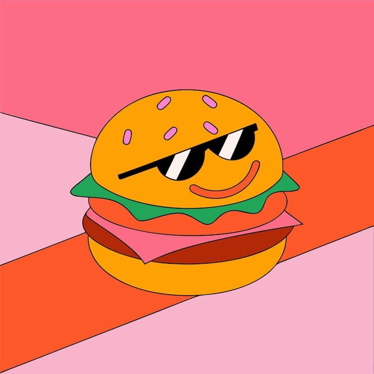 Vecteur un dessin d'un hamburger avec des lunettes de soleil et un fond rose
