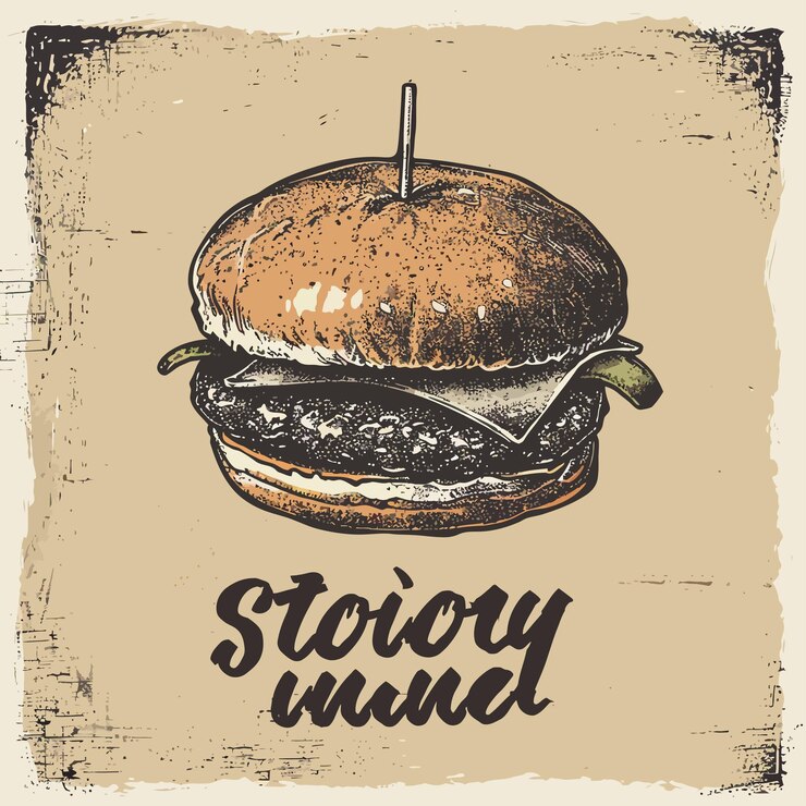 Vecteur un dessin d'un hamburger avec le mot citation d'histoire sur lui