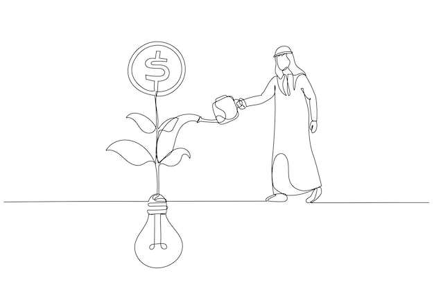 Dessin d'un homme d'affaires musulman arabe arrosant une plante de semis de pièces d'argent en croissance à partir d'une métaphore d'idée d'ampoule de monétiser l'idée Style d'art en ligne