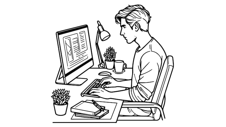 Vecteur dessin d'un homme d'affaires avec un ordinateur portable dans un bureau illustration d'une ligne abstrait de l'homme d'affaires