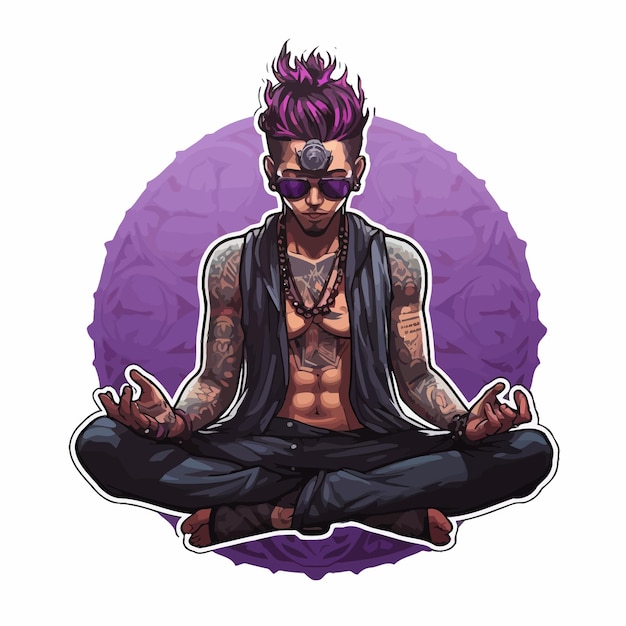 Vecteur un dessin d'un homme dans une pose de yoga avec un tatouage d'un hommes dans une chemise violette.