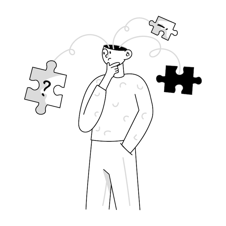 Vecteur un dessin d'un homme parlant au téléphone avec des pièces de puzzle au milieu