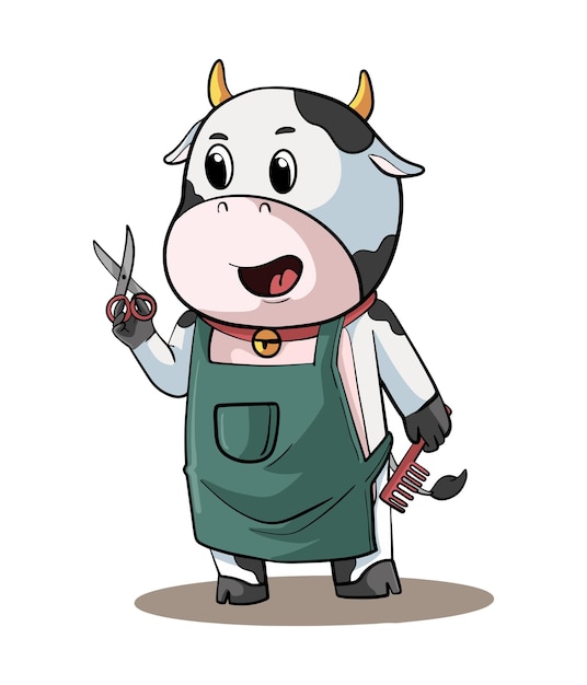 Vecteur dessin d'illustration de dessin animé d'un barbier de vache laitière portant des ciseaux et un peigne