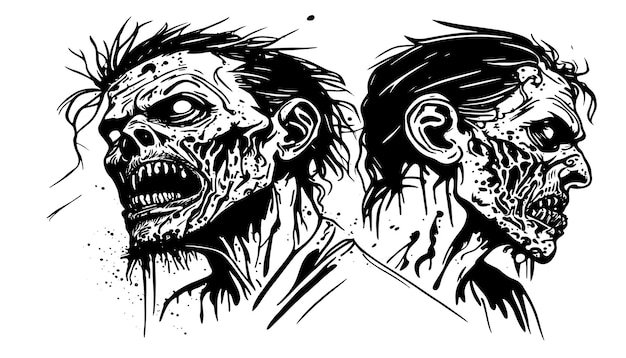 Dessin d'illustration vectorielle de la tête de zombie, dessinée avec des lignes noires, isolée sur un fond blanc