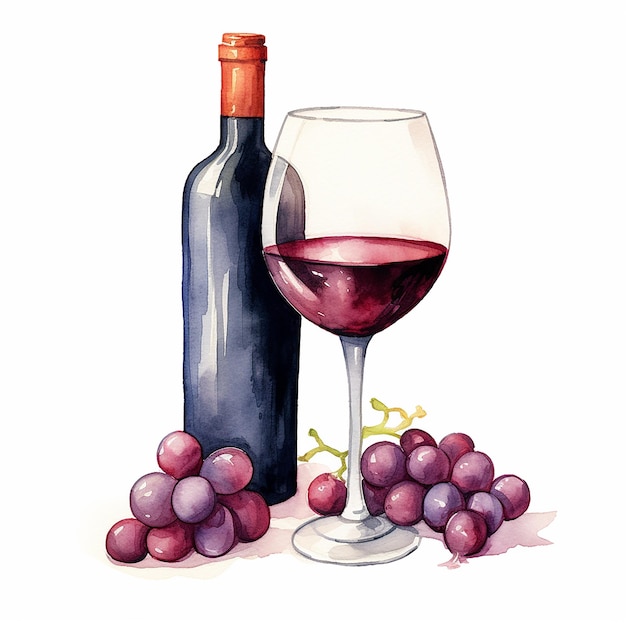 Dessin d'illustration de vin rouge et de verres à l'aquarelle