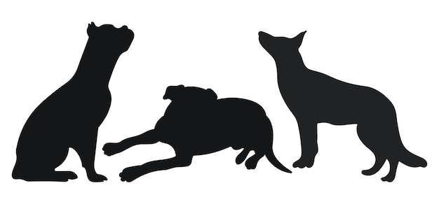 Dessin D'image De Silhouette Noire Chiens Contour D'animaux De Compagnie Aller Debout Assis Couché Couché Courir Sauter