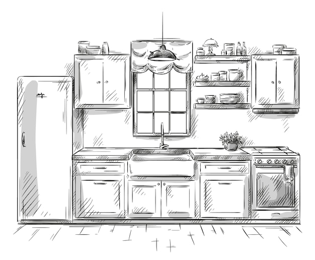 Vecteur dessin d'intérieur de cuisine, illustration vectorielle