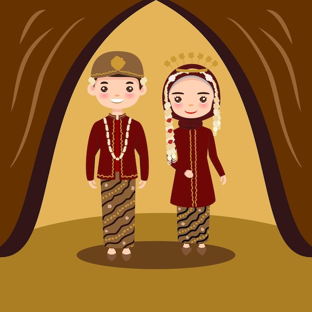 Vecteur dessin java couple avec robe de mariée traditionnelle culture java