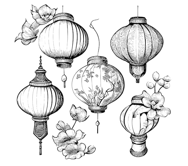 Vecteur un dessin de lanternes chinoises avec des fleurs et des feuilles.