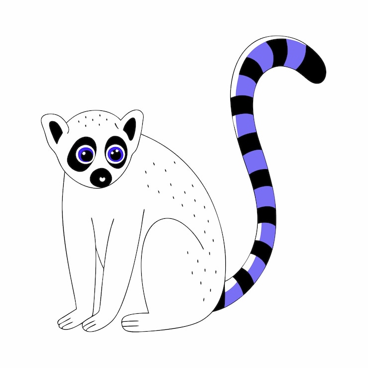 Vecteur un dessin d'un lémurien avec une queue violette et une queue rayée noire et bleue