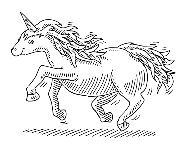 Vecteur un dessin d'une licorne avec une crinière et une queue blanches