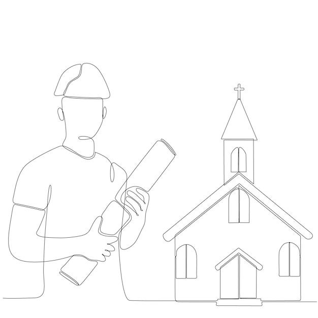 Dessin En Ligne Continu D'un Architecte Masculin Construisant Une église