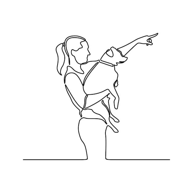 Dessin En Ligne Continu D'un Beau Portrait De Femme Avec Un Chien