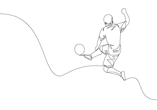 Un Dessin En Ligne Continu D'un Jeune Attaquant De Football énergique Qui Frappe Le Ballon Très Fort Vers Le But