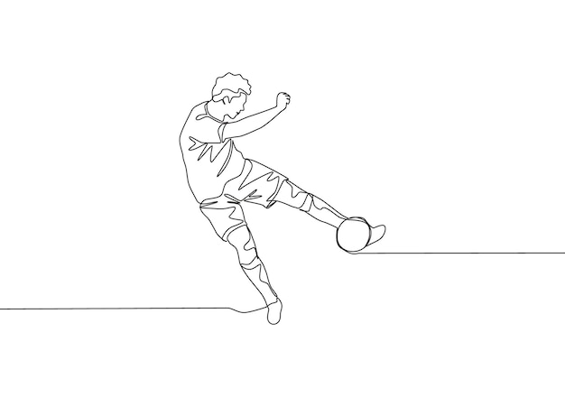 Dessin en ligne continu d'un joueur de football talentueux tirant le ballon avec une première technique de coup de pied