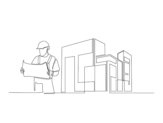 Dessin en ligne continue de l'architecte avec du papier de plan et de l'immobilier de bâtiment moderne