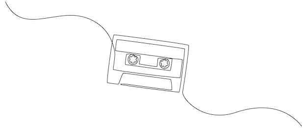 Un dessin en ligne continue d'une cassette audio, d'une musique rétro et vintage et d'un concept de mixtape dans un style linéaire simple.
