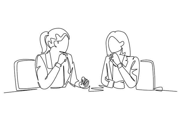 Vecteur un dessin en ligne continue deux jeunes femmes d'affaires belles et heureuses discutant du contrat de projet ensemble pendant une réunion concept de succès commercial dessin en ligne unique illustration graphique vectorielle