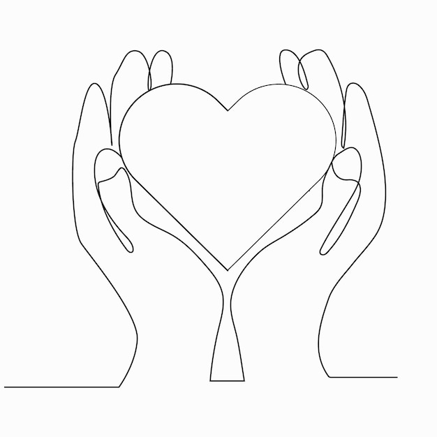 Un dessin en ligne continue de deux mains tenant un cœur