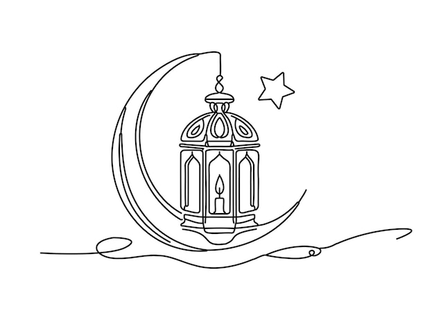 Vecteur dessin en ligne continue du ramadan lanterne du ramadan avec ligne de croissant art vectoriel clipart pour le mois sacré