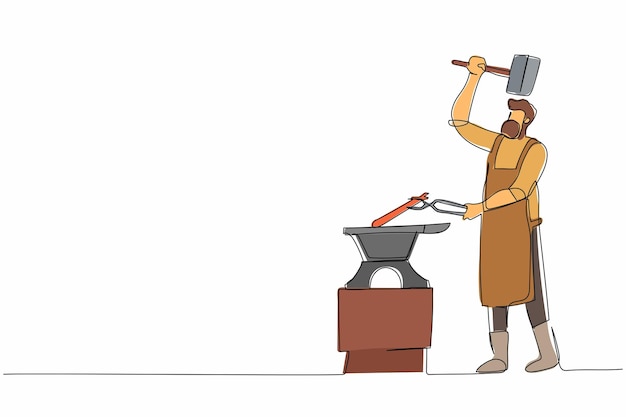 Dessin en ligne continue de forgeron barbu dans un tablier forgeant la lame sur le vecteur de conception de l'enclume