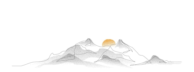 Vecteur dessin en ligne continue avec grain de pointwork bruit texture de l'arrière-plan du paysage un dessin en ligne unique de vue sur la montagne gradient de montagne pointillé dans le style de pointwork