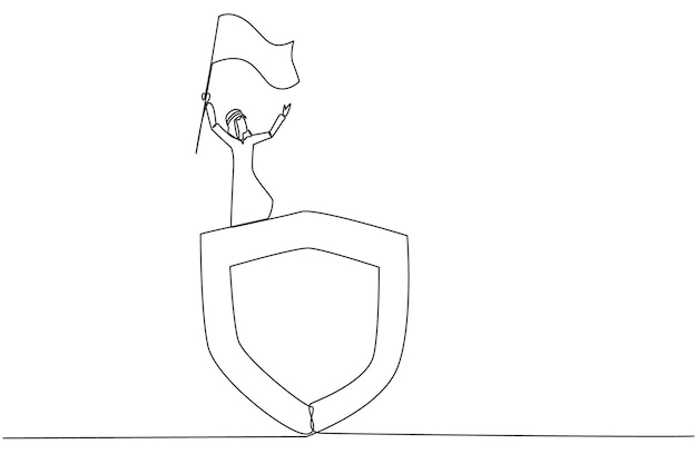 Dessin en ligne continue d'un homme d'affaires arabe debout sur un bouclier géant soulevant un vecteur de drapeau