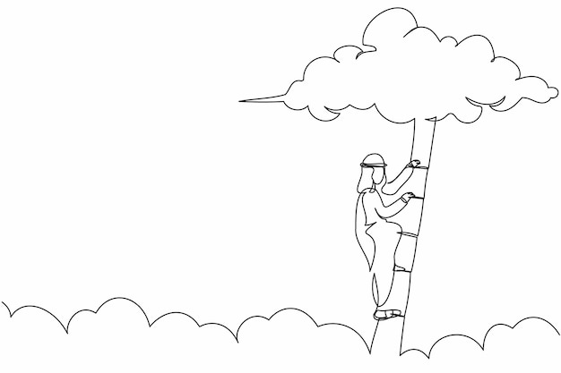 Un dessin en ligne continue d'un homme d'affaires arabe volant avec un ballon à travers un vecteur de conception de nuage
