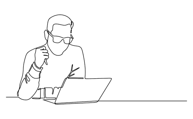Vecteur dessin en ligne continue d'un homme d'affaires entrepreneur professionnel travaillant sur un ordinateur portable