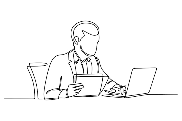Vecteur dessin en ligne continue d'un homme d'affaires travaillant avec un ordinateur portable et des documents