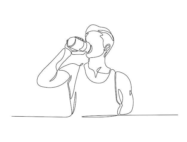 Dessin en ligne continue d'un homme buvant de l'eau de la bouteille