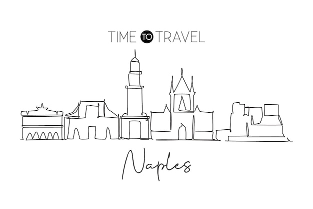 Vecteur dessin en ligne continue de l'horizon de la ville de naples italie art paysager des gratte-ciel de la ville célèbre