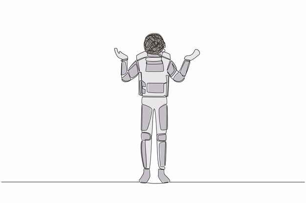 Vecteur dessin en ligne continue d'un jeune astronaute avec des griffons ronds au lieu d'une illustration de la tête