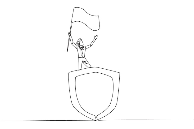 Dessin en ligne continue d'un jeune homme d'affaires debout sur un bouclier géant soulevant une illustration de drapeau
