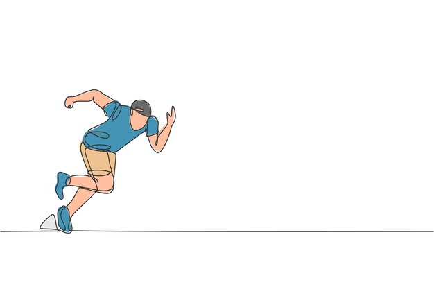 Vecteur un dessin en ligne continue d'un jeune homme sportif coureur se concentre sur l'entraînement pour courir vite vecteur de conception