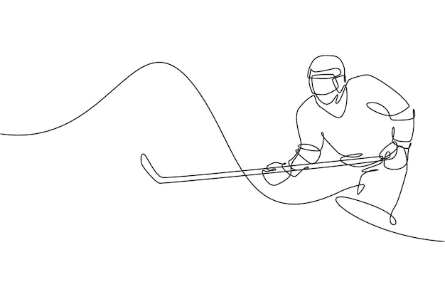 Vecteur un dessin en ligne continue d'un jeune joueur professionnel de hockey sur glace s'entraînant sur une patinoire