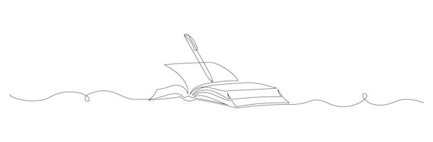 Un dessin en ligne continue d'un livre ouvert avec un stylo Éducation à l'école et à la bibliothèque