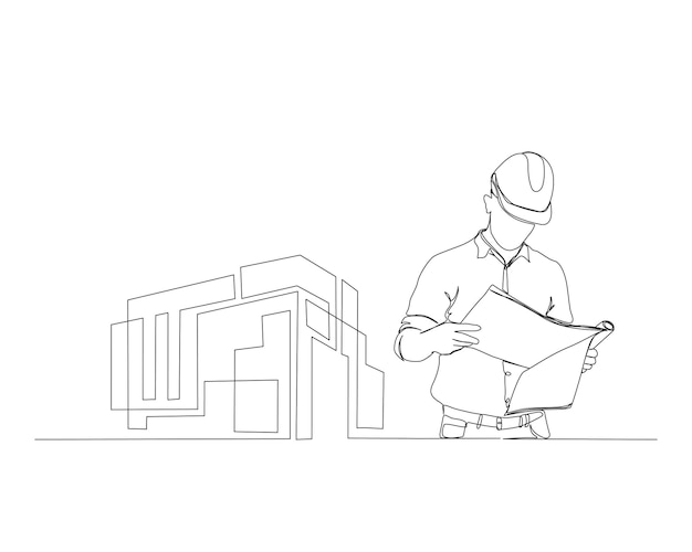 Dessin en ligne continue d'un ouvrier de la construction lisant un plan de construction et une maison moderne réelle