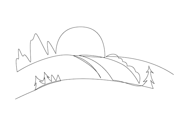 Vecteur un dessin en ligne continue de paysage avec des arbres d'herbe verte horizon du ciel et des montagnes