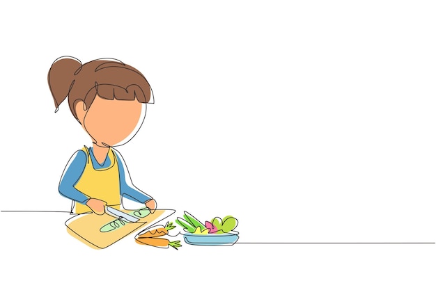 Vecteur un dessin en ligne continue une petite fille coupe des carottes et d'autres légumes frais un enfant souriant aime cuisiner à la maison pour aider sa mère un dessin en ligne illustration vectorielle de conception graphique