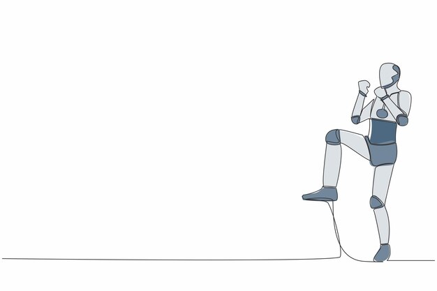 Vecteur dessin en ligne continue d'un robot heureux debout avec une jambe levée et faisant un geste oui