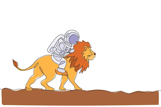Dessin en ligne continue unique d'un astronaute avec une combinaison spatiale chevauchant un animal de lion sauvage à la surface de la lune.