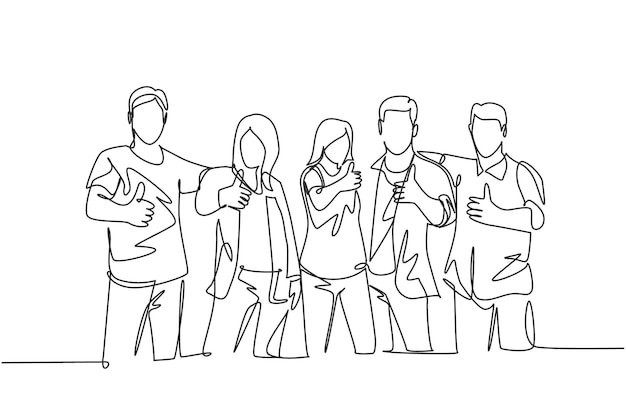 Un dessin en ligne de groupes d'étudiants universitaires heureux donnant le pouce en l'air après avoir étudié ensemble sur le campus