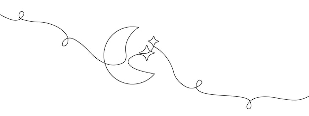 Vecteur dessin en ligne de l'icône de la lune avec des étoiles dans le style rétro symbole du ciel nocturne continu modifiable ligne unique illustration vectorielle