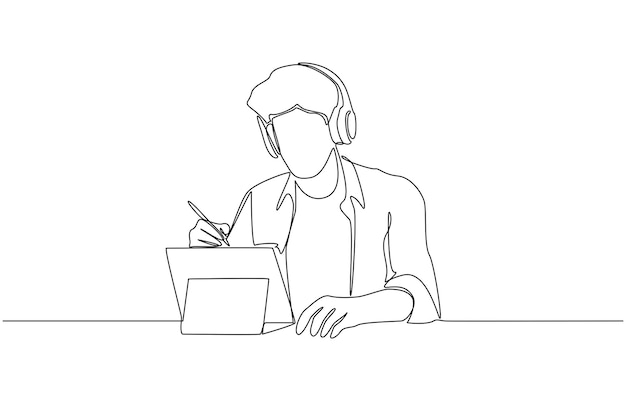 Un dessin en ligne d'un jeune étudiant étudiant en ligne avec le concept d'apprentissage en ligne de la tablette