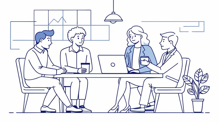Vecteur un dessin en ligne de personnes assises à une table avec un ordinateur portable et un café