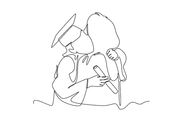 Vecteur dessin en ligne unique d'une femme étreignant sa mère le jour de la remise des diplômes